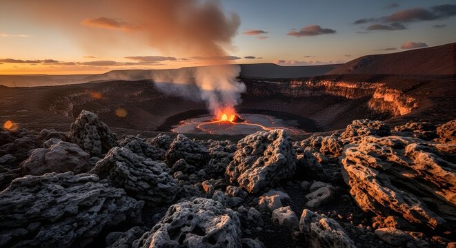 Aerial View of Smoking Volcanic Caldera at Sunset