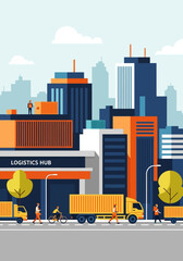 Fototapeta premium Flat Vector Illustration of a Modern Logistics Hub with Cargo Trucks, Delivery Workers, and City Skyline