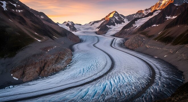 Alpine Glacier Melt River Valley at Sunrise Mountain Landscape