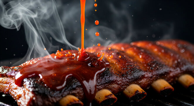 Close-up of BBQ ribs with glossy sauce being poured for restaurant menus, cooking ads  and recipe websites 