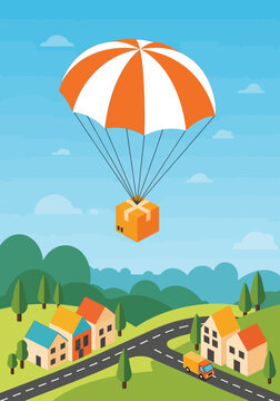 Isometric Vector Illustration of a Delivery Package Dropping by Parachute over a Residential Neighborhood - Express Shipping and Logistics Concept
