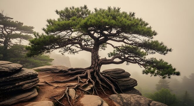 Ancient bonsai pine tree roots on misty rocky landscape