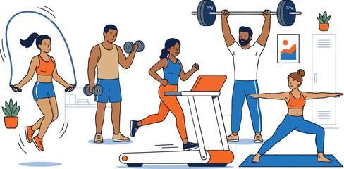 People exercising with dumbbells and jumping rope in gym © SAIF820