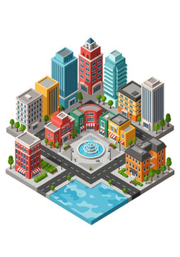 Isometric 3D City Vector Illustration with Skyscrapers, Modern Buildings, Fountain Plaza, and Urban Infrastructure on White Background