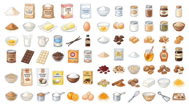 Colorful baking ingredient clipart set with flour, sugar, eggs, butter, chocolate, honey, spices, milk, oil, bowls, spoons, whisk, and pastries