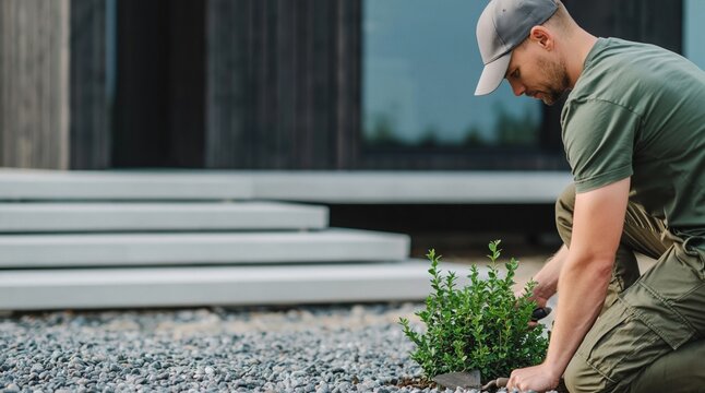 Man wearing baseball cap and green t shirt kneeling down while planting small green shrub in gravel garden bed in front of modern house. High quality photo