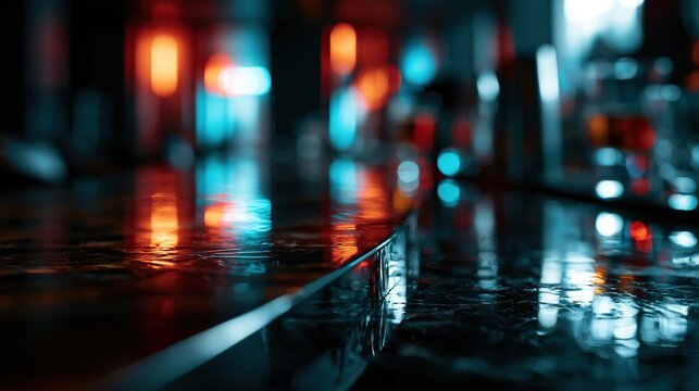 The blurred red, blue, and orange hues create a dynamic and moody atmosphere, evoking the energy of urban nightlife. It is a modern and colorful background, themes related to technology.