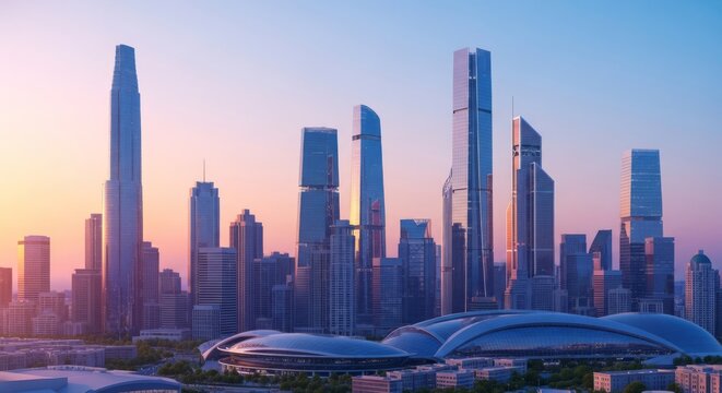 A majestic futuristic skyline bathed in the soft glow of a pastel sunrise, featuring sleek glass towers and elegant architectural curves, light, structures, background