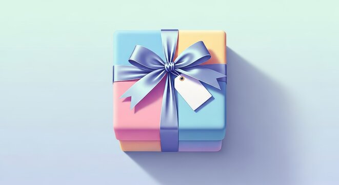 A minimalist flat pastel illustration of a cozy winter gift box wrapped with a satin ribbon, featuring soft shadows and a clean design, greeting, celebration, graphic