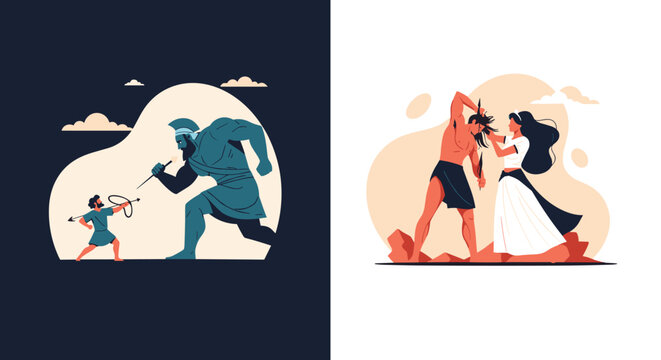 Biblical stories of David and Goliath in a battle and Samson and Delilah featuring classic characters in a simplified illustration style.