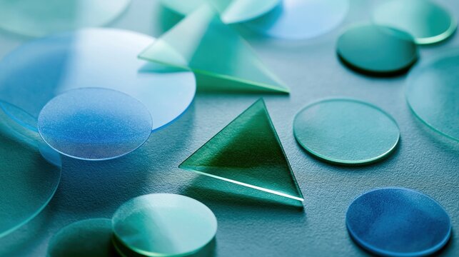 Abstract geometric shapes in varying shades of blue and green. The composition features translucent circles and triangles arranged on a textured surface, creating a modern and minimalist background.