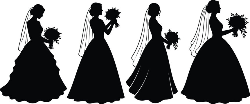Four black silhouette brides in wedding dresses with veils and bouquets
