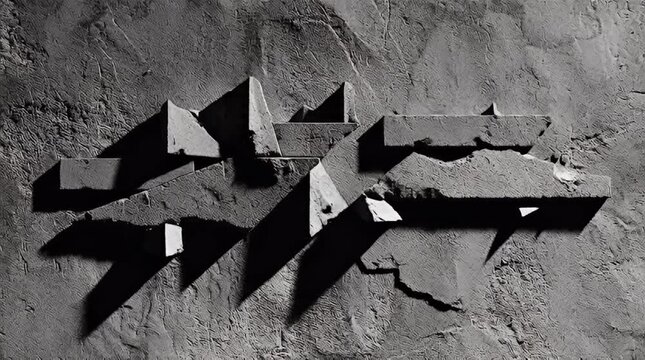 Abstract architectural relief sculpture in grayscale showcasing fractured geometric forms and dramatic shadows against a textured wall surface modern art concept