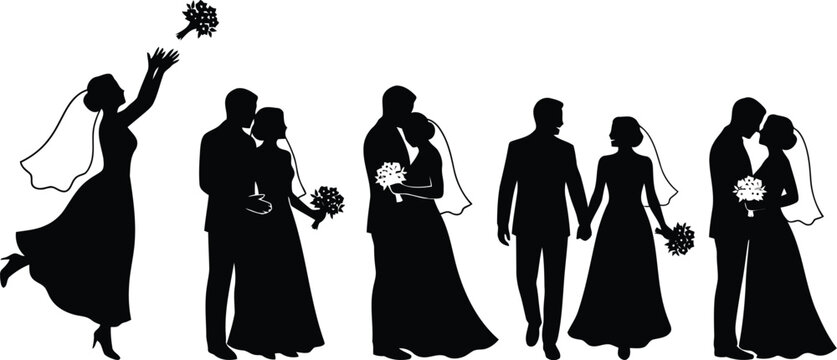 Black silhouettes of wedding couples in various romantic poses