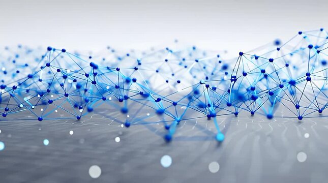 Abstract blue network of interconnected nodes and lines over a blurred water surface representing data connections digital technology and futuristic concepts for business and innovation