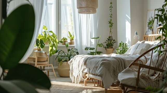 Sunlit Bohemian Bedroom Corner with Abundant Indoor Plants and Cozy Daybed Setup
