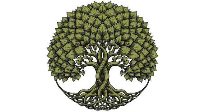 Intricate Celtic Tree of Life illustration with interwoven roots and leaves