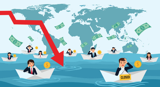 Group of business people in paper boats struggling in a sea of economic crisis with a falling red arrow and money falling.