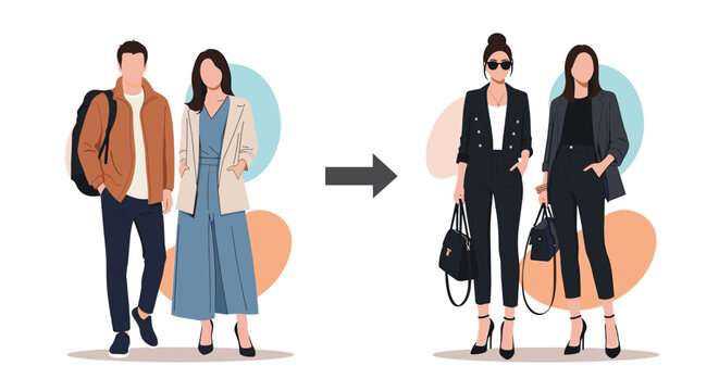Fashion transformation of a couple from casual everyday wear to formal professional black business suits for work or events.