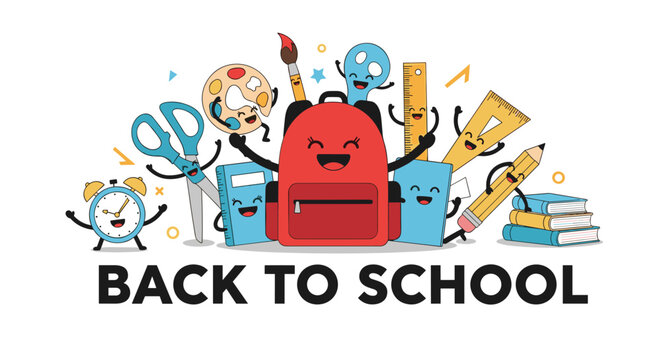 Fun back to school banner with cheerful cartoon school supplies characters like a backpack, scissors, books, and paint palette.