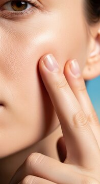 Detailed close-up of fingers touching facial skin to inspect cheekbone definition and structural changes under soft natural studio lighting, fingers, aging, wellness