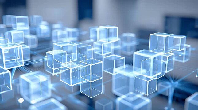 Abstract digital network of glowing blue cubes representing data connections blockchain technology and futuristic innovation in a dark modern setting