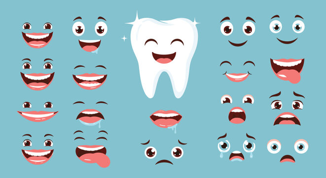 Collection of cute tooth characters with various facial expressions like happy, sad, crying, and surprised for dental care education.