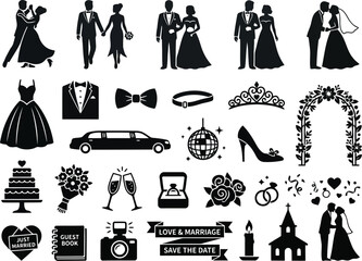 Black wedding icons and silhouettes on gray background © SAIF820