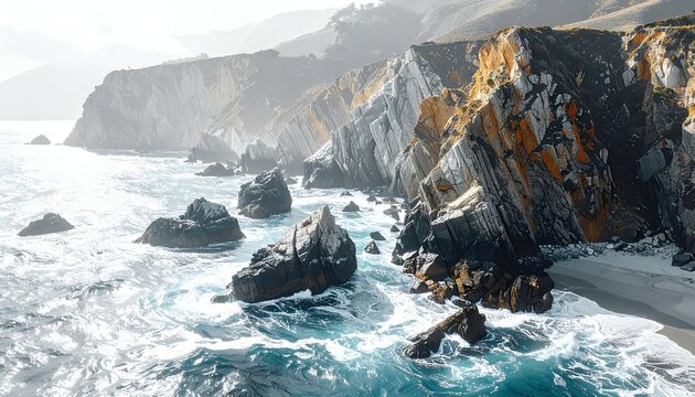Rugged coastal cliffs and ocean waves at rocky shoreline.