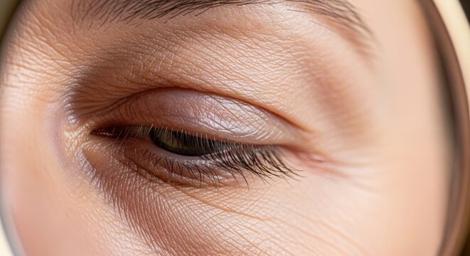 Extreme close up of mature skin with visible fine lines near the eyelid, reflected in a mirror with soft lighting focused on textures, scrutiny, inspection, focus