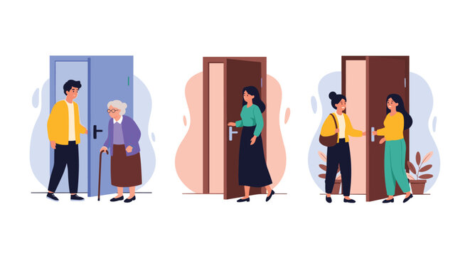 Illustrations showing polite people practicing good manners by holding the door open for an elderly woman a student and a friend.