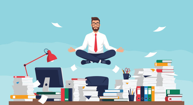 Peaceful businessman meditating and levitating in the air above his messy desk cluttered with piles of documents and paper files.