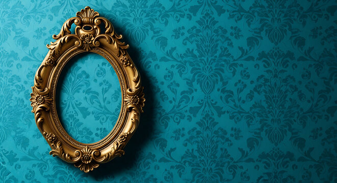 Ornate antique gold oval picture frame hanging on luxury teal blue damask patterned wallpaper background with copy space wallpaper interior decoration victorian