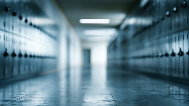 This depicts an empty school hallway lined with lockers, representing themes of education, youth.