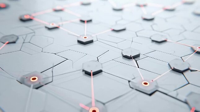 Abstract futuristic network of interconnected nodes and glowing pathways representing data flow digital connections blockchain technology and complex systems in a modern design