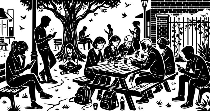 Black and white illustration of people distracted by smartphones in a public park. all people preoccupied with their mobile phones.