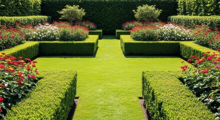 Obraz premium A meticulously landscaped garden featuring symmetrical rows of lush green shrubs, vibrant seasonal flowers, and perfectly trimmed lawns, lawn, tranquility, landscape