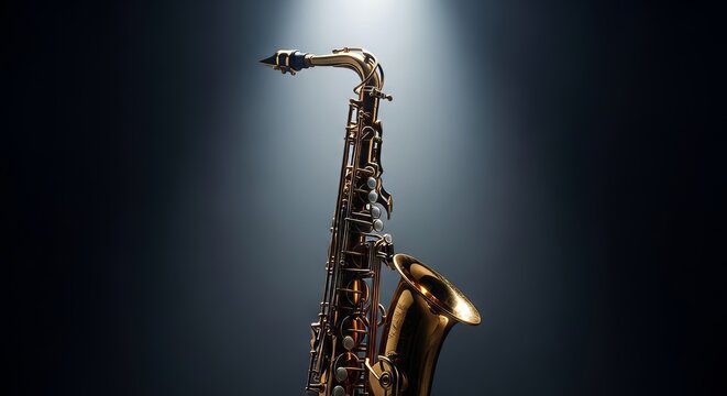Low angle view of a brass saxophone with vertical motion blur under a bright spotlight. Dark moody atmosphere with deep cinematic shadows, woodwind, brass, reflections