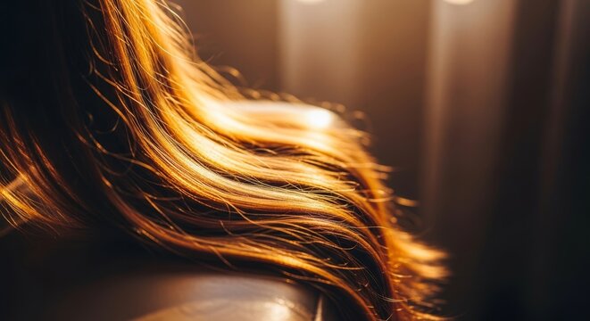 Long flowing locks shimmer in the warm glow of natural light from a nearby window, creating soft highlights and deep, moody shadows, simplicity, shadows, mood