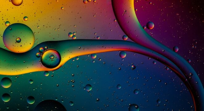 Macro capture of iridescent oil droplets swirling in dark water, featuring shimmering gold highlights, viscous textures, and tiny bubbles, surface, wallpaper, gold