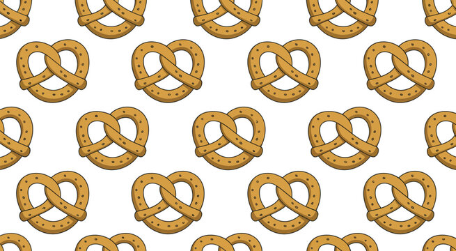 Pretzels, seamless pattern of golden brown salted snacks arranged in repeating grid, food texture background vector illustration design.