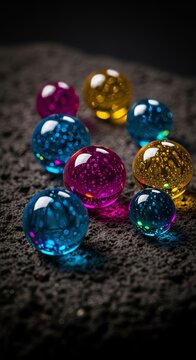 Macro photography of shimmering liquid spheres resting on a dark, coarse textured surface with dramatic lighting and reflective highlights, science, liquid, experiment