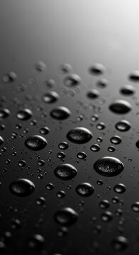 Macro view of glistening water droplets scattered on a sleek black surface, showcasing high contrast lighting and sharp reflective details, pattern, moisture, spherical