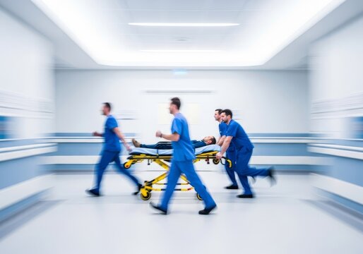 Medical team in blue scrubs rushes through a bright hospital hallway with a stretcher, captured with a high-speed motion blur effect, emergency, healthcare, corridor