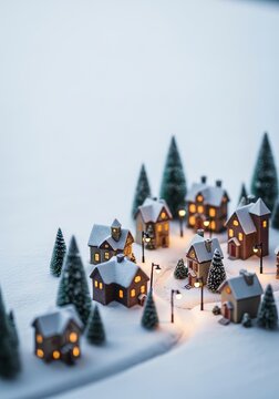 Miniature houses and small streets are blanketed by soft white snow in a peaceful winter scene captured with a creative tilt shift focus, scale, houses, exterior