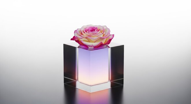 Elegant blooming roses encased in a crystal clear glass cube with soft pastel lighting creating a premium minimalist botanical aesthetic, soft, premium, flowers