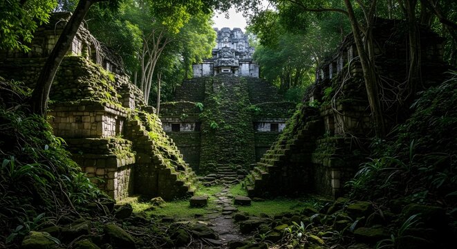 Ancient Mayan Temple Stairs Pathway in Lush Jungle Environment