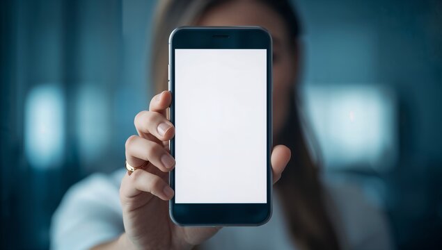 Smartphone in hands close up shot with blank white screen