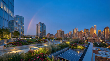 Fototapeta premium Modern urban rooftop garden with lush plants and flowers, offering panoramic city views and a striking rainbow at twilight.