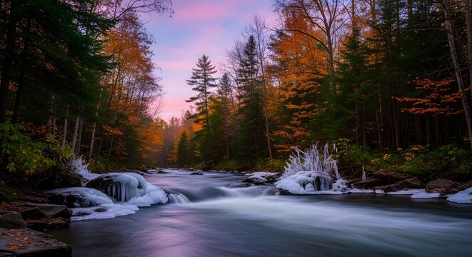 Autumn forest stream at sunrise with flowing water and vibrant foliage